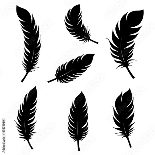 soft bird plumage set. Big set of bird feathers design. fluffy swan. Pen icons design. set of bird feathers design Vector Black silhouettes. with white background
