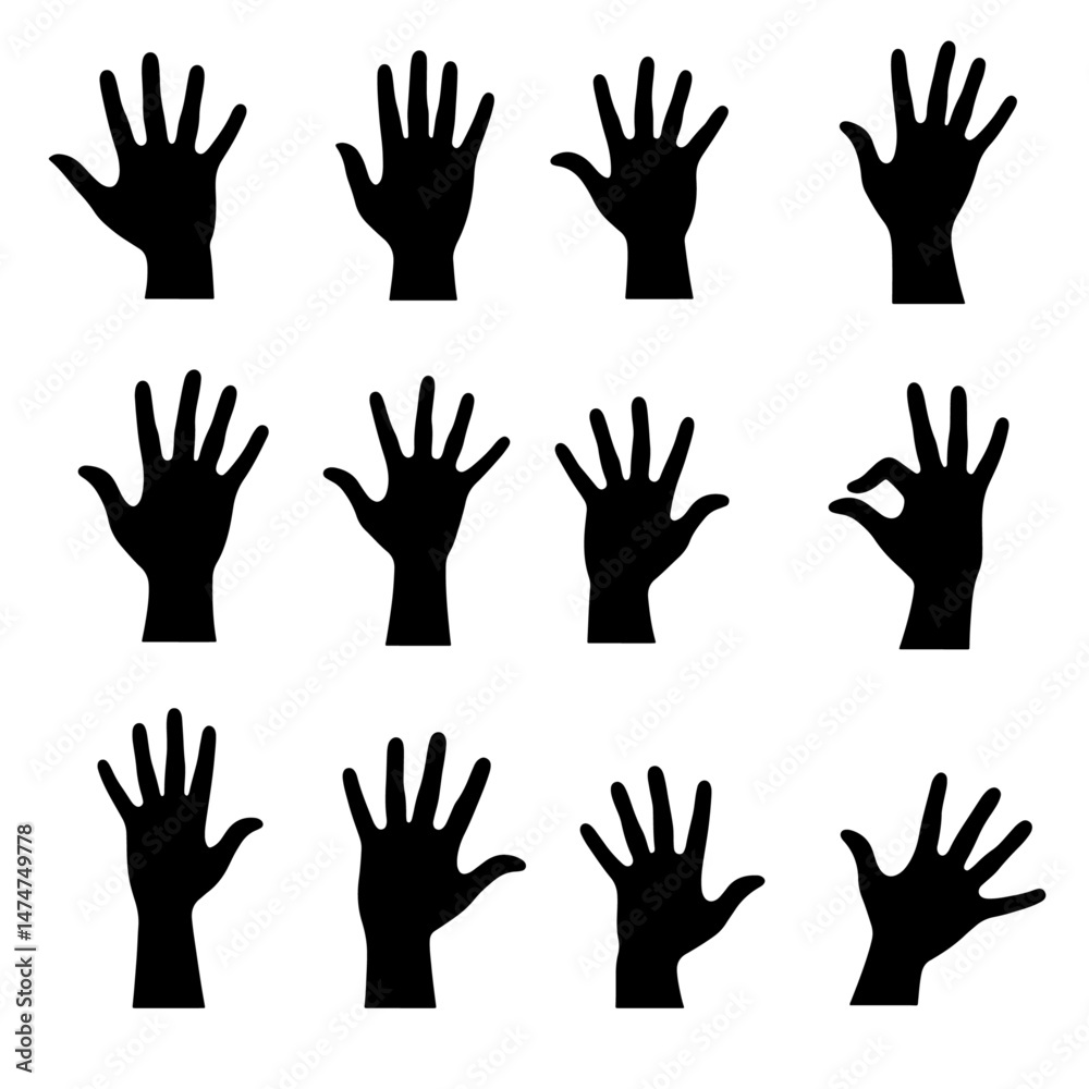 Hand silhouette, Different Positions Hands, creepy zombie hands silhouette vector illustration set.
