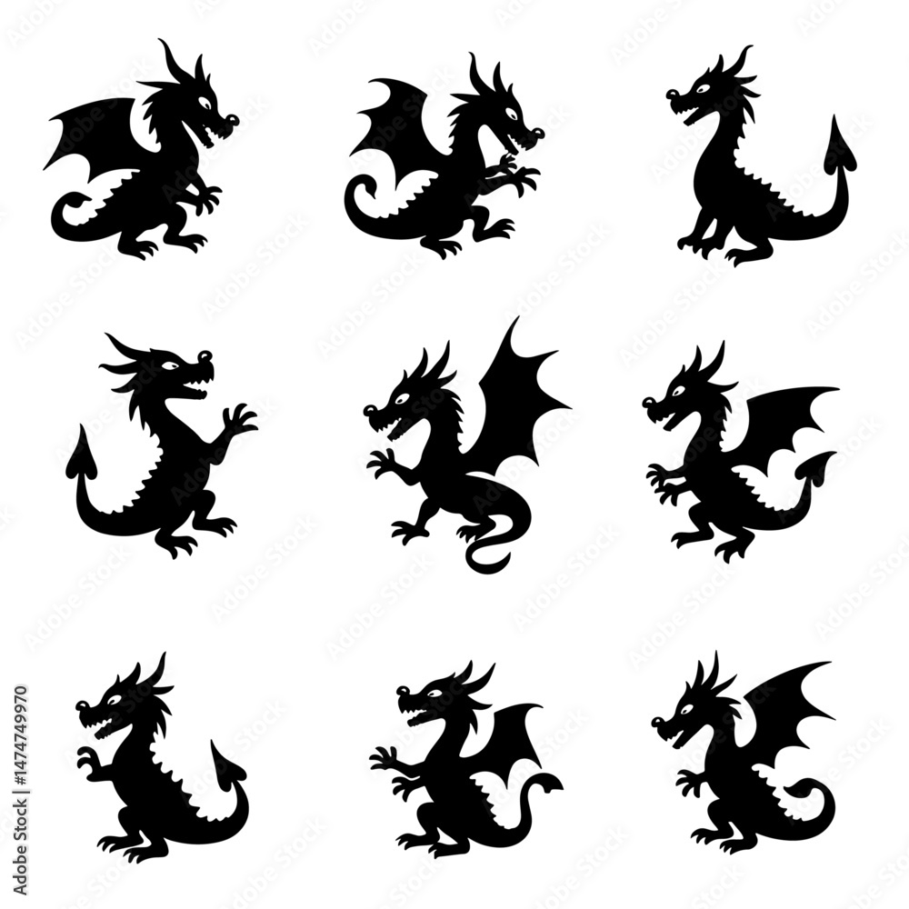 Set of cute dragon silhouettes in various playful poses, black vector collection on white background