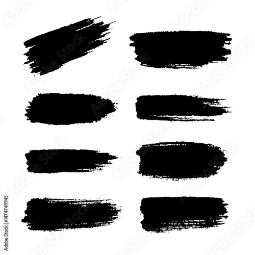  A collection of modern grungy paint brush strokes is presented, featuring calligraphy with straight smears, stamp, and lines, all hand drawn in ink and isolated on a white background with modern