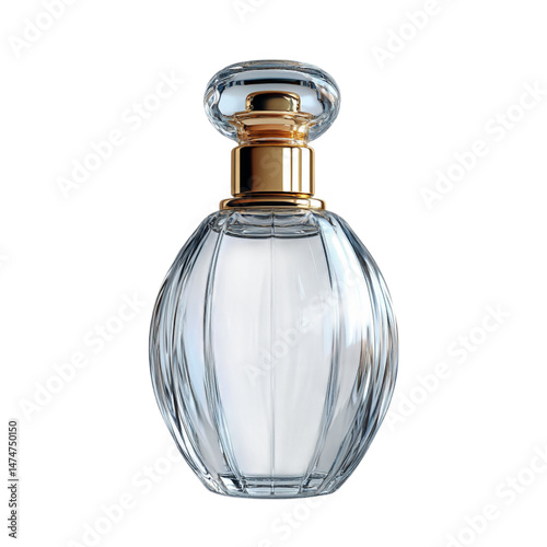 Elegant Glass Perfume Bottle Gold Cap Luxury Fragrance Designer Scent Premium Women Fashion Beauty Product Clear Crystal Oval Shape Modern Design High Quality Realistic 3D Render Isolated Black       