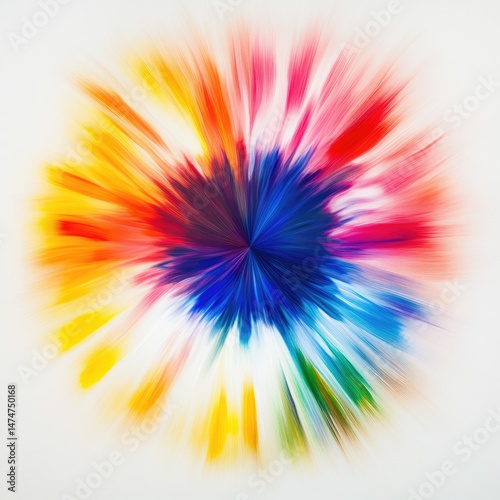 Vibrant, colorful radial burst, radiating from a central point, with blended hues of the rainbow