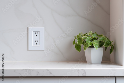 Minimalist image of a white electrical outlet and green houseplant on marble counter
