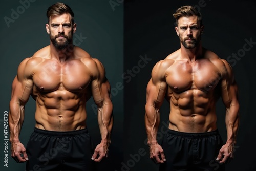 Dramatic before-and-after showcasing a physique transformation , nutrition, results, lighting