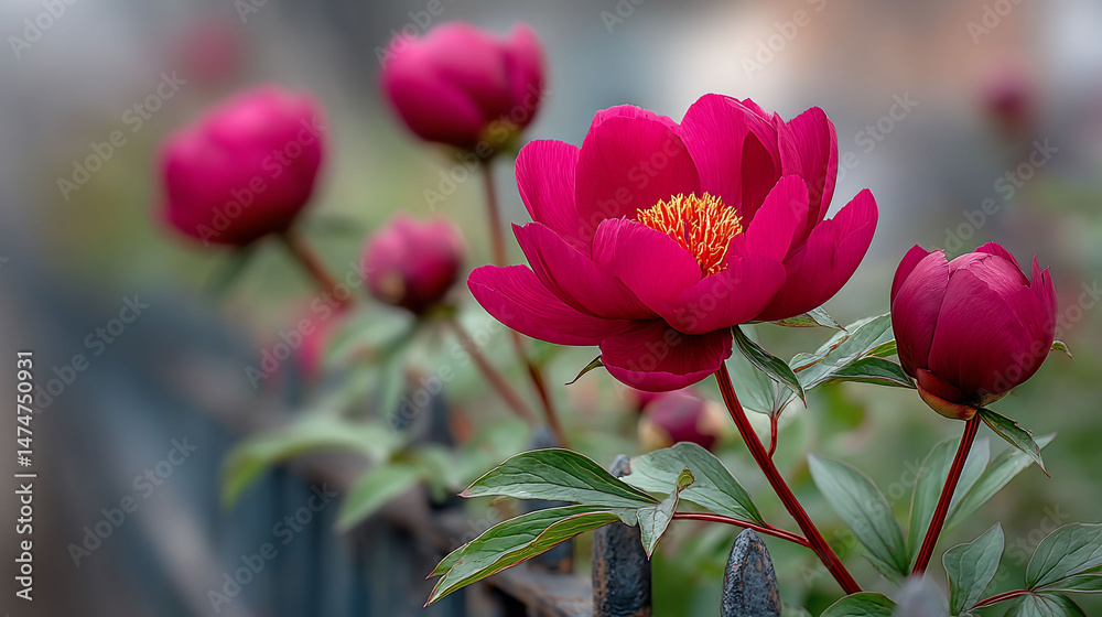 Obraz premium Deep pink blossoms with yellow centers bloom on a fence, soft background bokeh