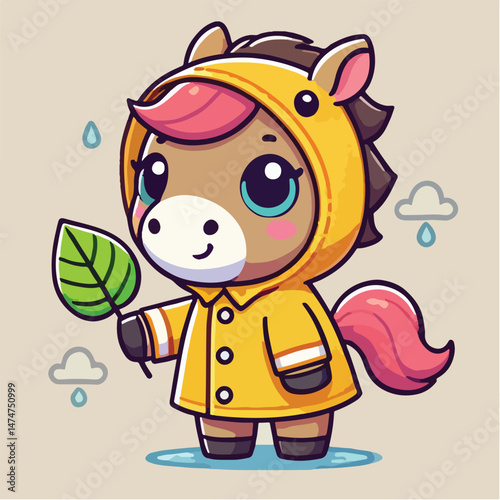 Cute Horse Wearing Raincoat And Holding Leaf Cartoon Vector Icon Illustration