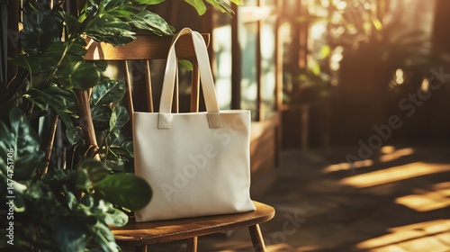   Sunlight streams through leaves onto a simple white tote bag resting