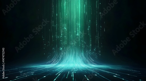 Abstract Digital Waterfall with Flowing Light Streaks on Dark Background