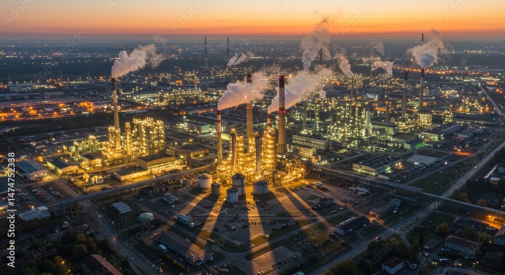 Fototapeta premium Large industrial plant or oil refinery at twilight with smoke