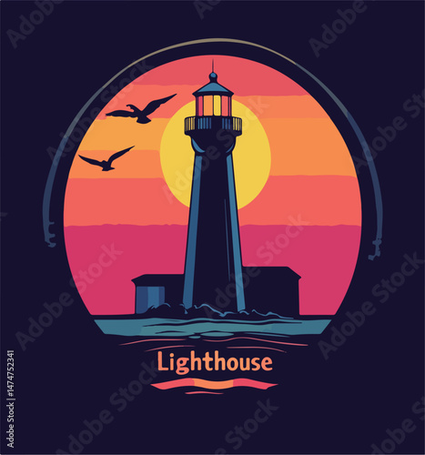Circular Sunset Backdrop with Coastal Lighthouse and Birds