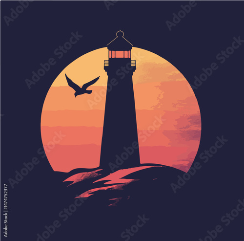 Evening Seascape: Lighthouse Silhouette and Flying Gulls