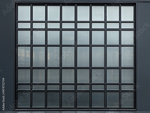 Large dark gray metal framed window panels.  Frosted glass.  Modern design