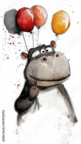 Happy hippopotamus holding colorful balloons celebrating birthday