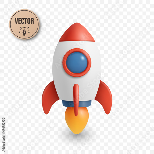 Vector 3D Cartoon Rocket, Front View. Minimalist Startup Spaceship Icon, Technology Launch Concept. Futuristic Transport, Toy Rocket Clipart, Innovation Symbol for Business or Kids Design