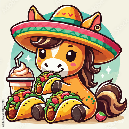 Cute Horse Eating Tacos With Sombrero Hat Cartoon Vector Icon Illustration