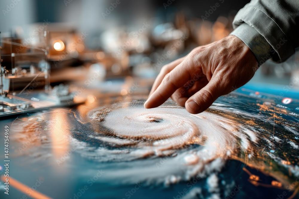 Fototapeta premium Hand Interacting with Hurricane Simulation on