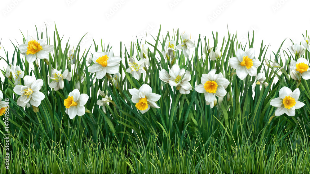 Fototapeta premium Green Grass and Daffodils Seamless Border on Transparent Background