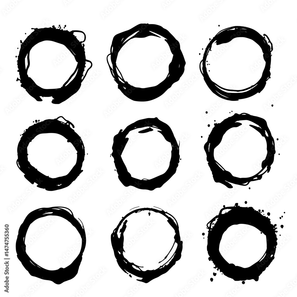 Black ink brush strokes in circles, grunge texture vector set isolated on a white background. Hand drawn circular shapes with round textures and stripes