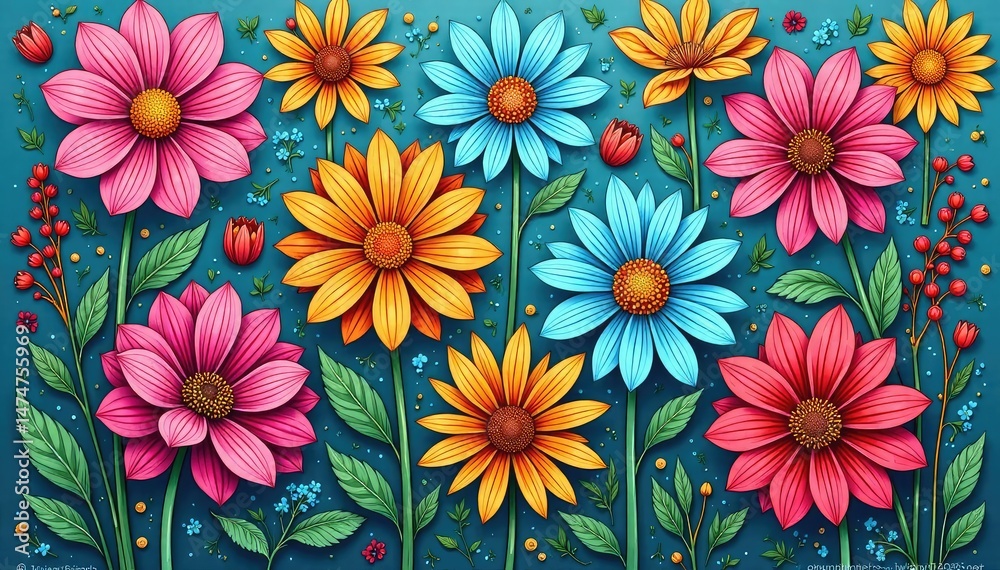 Intricate line art wildflowers, repeating design, floral pattern, seamless background Intricate line art wildflowers, repeating design, floral pattern, seamless background