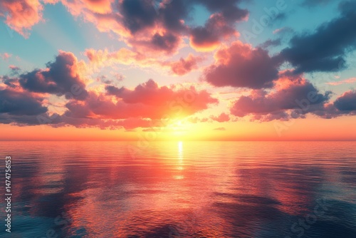 Sunset over calm ocean, vibrant sky