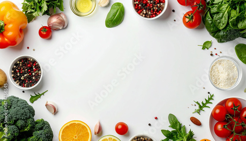 the image presents a top down view of various food items arranged around a blank white space. there are fresh vegetables, leafy greens, and halved citrus fruits scattered around the edges