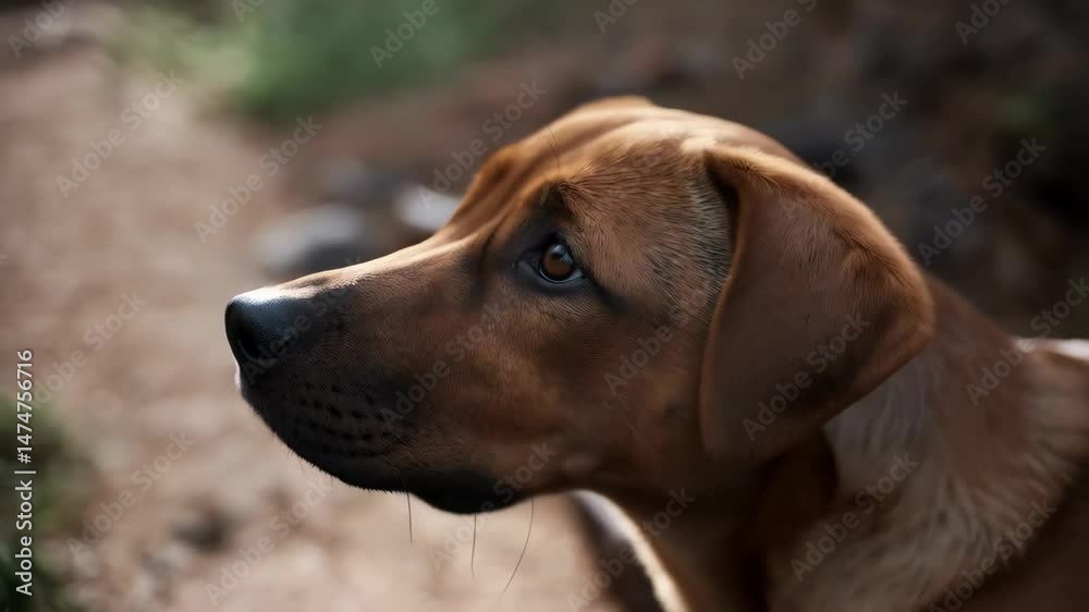 Close up of a brown dog head looking upward outside with a blurred earthy toned natural background in soft light Close up of a brown dog head looking upward outside with a blurred earthy toned natural background in soft light