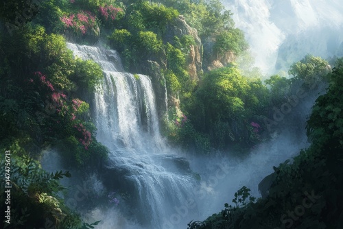 Serene waterfall with lush greenery and mist in the air.