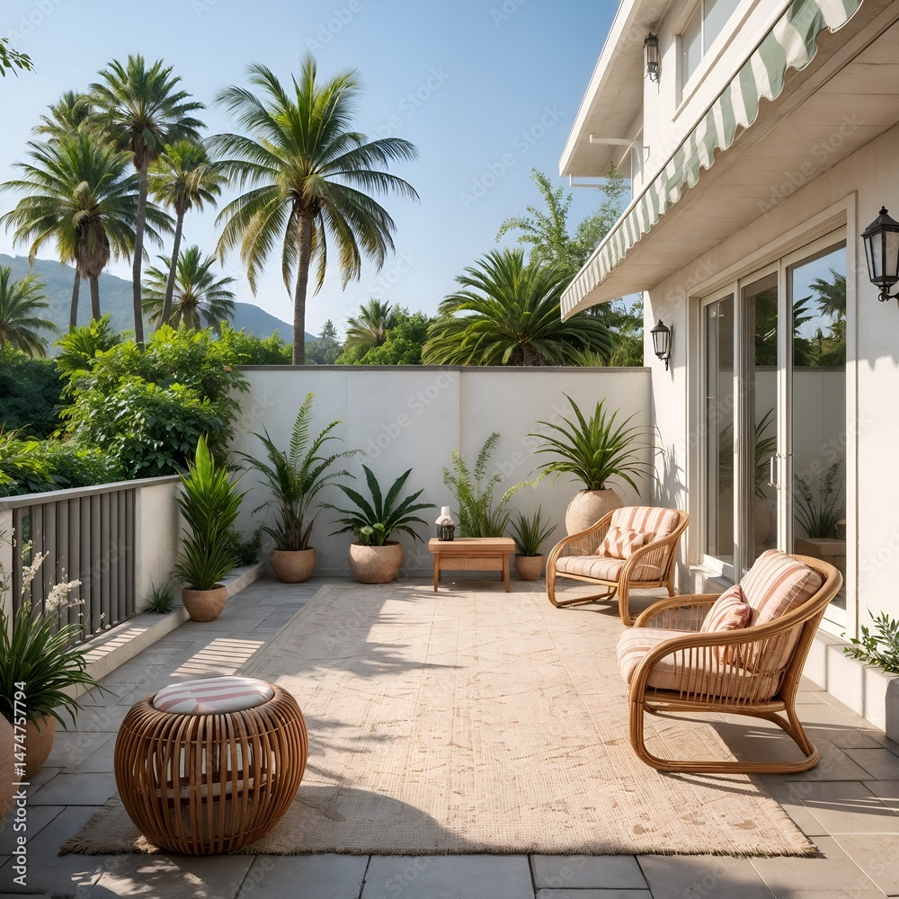 Fototapeta premium Lounge corner with fabric cushions on rattan rocking chairs