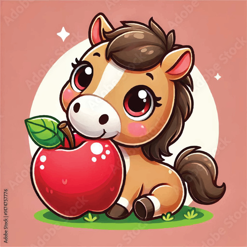 Cute Horse Eating Apple Cartoon Vector Icon Illustration