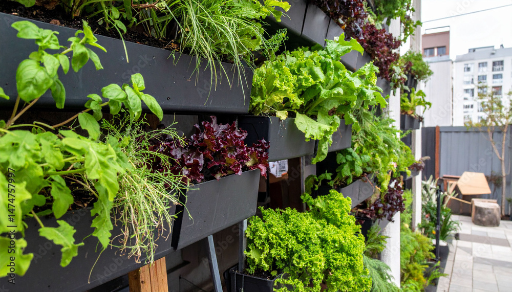 Fototapeta premium the image displays a vertical garden, consisting of rows of black planters attached to a structure. inside the planters are various leafy greens and herbs, creating a lush green wall