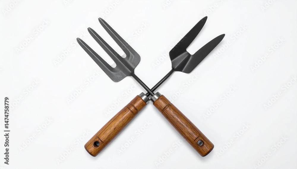 Naklejka premium the image features two metal gardening tools crossed over each other on a plain white surface. one tool has three tines, resembling a small fork, while the other has two wider, flatter tines