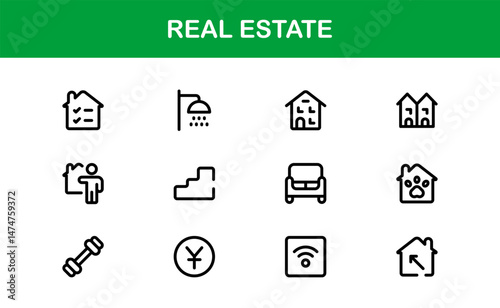 Property and Real Estate Premium Icons. Professional, Modern Residential, Commercial, and Architecture Symbol Set for Real Estate Marketing and Branding line style