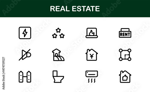 Property and Real Estate Premium Icons. Professional, Modern Residential, Commercial, and Architecture Symbol Set for Real Estate Marketing and Branding line style