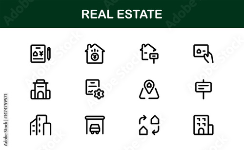 Property and Real Estate Premium Icons. Professional, Modern Residential, Commercial, and Architecture Symbol Set for Real Estate Marketing and Branding line style
