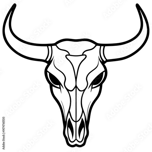 Illustration of a bull skull in black and white style.
