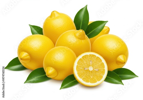 Wallpaper Mural A group of lemons with green leaves and one lemon cut in half on a white background close up view Torontodigital.ca