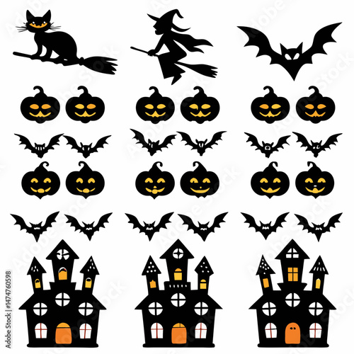 Halloween Ghost Holding Candles Free Vector,  a witch flying on a broomstick, haunted houses with glowing windows and crooked roofs, smiling and fanged ghosts,  