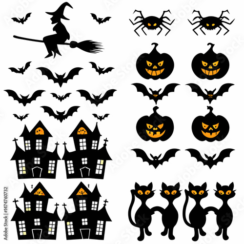 Halloween Ghost Holding Candles Free Vector,  a witch flying on a broomstick, haunted houses with glowing windows and crooked roofs, smiling and fanged ghosts,  