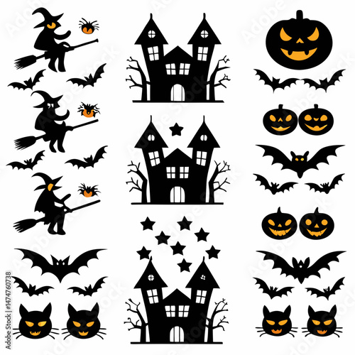 Halloween Ghost Holding Candles Free Vector,  a witch flying on a broomstick, haunted houses with glowing windows and crooked roofs, smiling and fanged ghosts,  