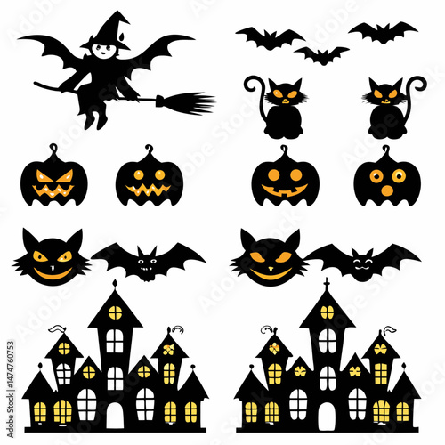 Halloween Ghost Holding Candles Free Vector,  a witch flying on a broomstick, haunted houses with glowing windows and crooked roofs, smiling and fanged ghosts,  