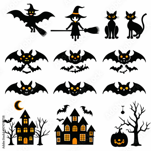 Halloween Ghost Holding Candles Free Vector,  a witch flying on a broomstick, haunted houses with glowing windows and crooked roofs, smiling and fanged ghosts,  