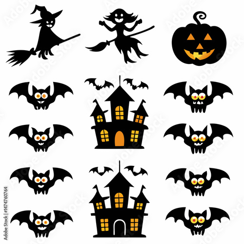 Halloween Ghost Holding Candles Free Vector,  a witch flying on a broomstick, haunted houses with glowing windows and crooked roofs, smiling and fanged ghosts,  