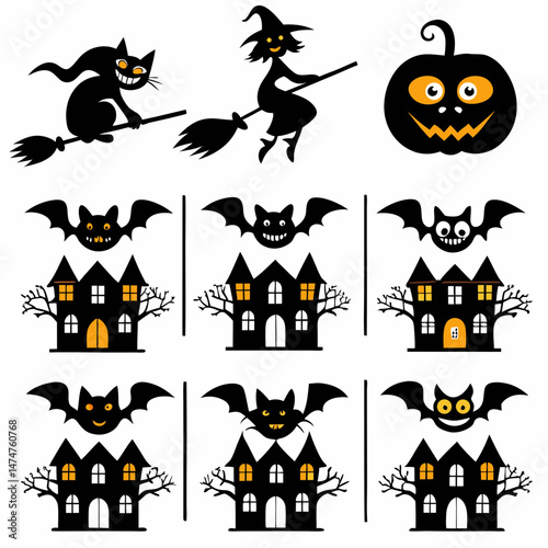 Halloween Ghost Holding Candles Free Vector,  a witch flying on a broomstick, haunted houses with glowing windows and crooked roofs, smiling and fanged ghosts,  