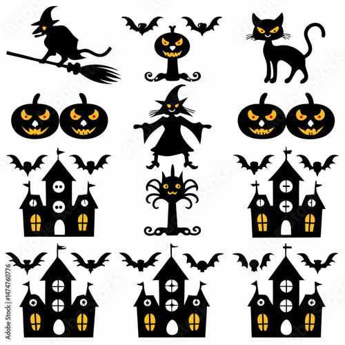 Halloween Ghost Holding Candles Free Vector,  a witch flying on a broomstick, haunted houses with glowing windows and crooked roofs, smiling and fanged ghosts,  
