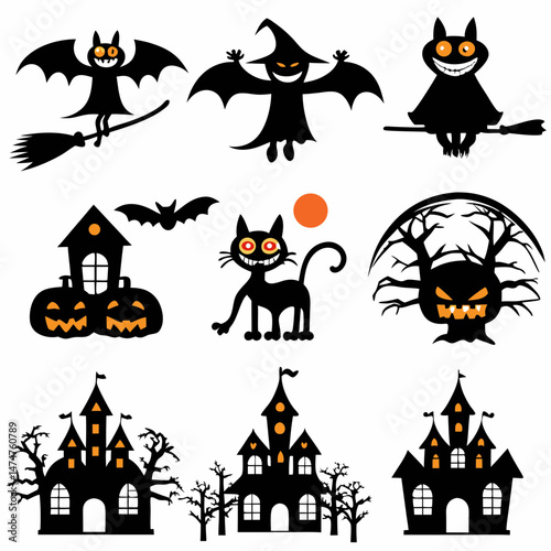 Halloween Ghost Holding Candles Free Vector,  a witch flying on a broomstick, haunted houses with glowing windows and crooked roofs, smiling and fanged ghosts,  