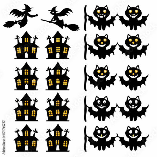 Halloween Ghost Holding Candles Free Vector,  a witch flying on a broomstick, haunted houses with glowing windows and crooked roofs, smiling and fanged ghosts,  