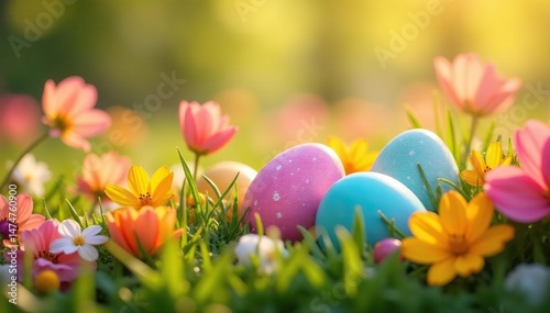 Colorful Easter eggs nestled in a spring flower bed, vibrant blooms, sunshine , colorful, season, blossom