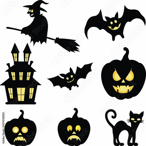Halloween Ghost Holding Candles Free Vector,  a witch flying on a broomstick, haunted houses with glowing windows and crooked roofs, smiling and fanged ghosts,  