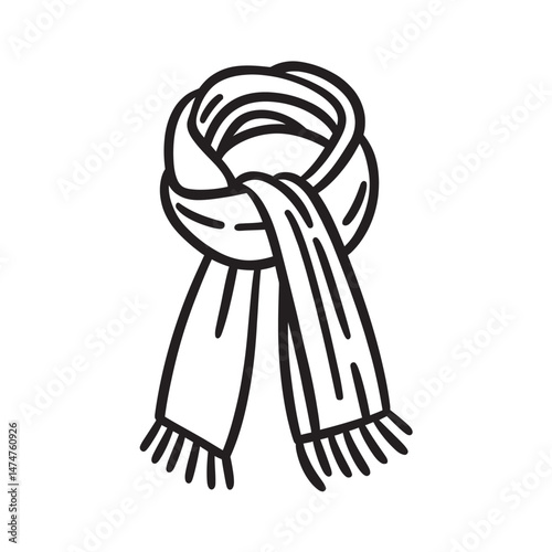 A monochrome doodle shows a simple scarf looped with fringes on a transparent background