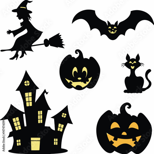 Halloween Ghost Holding Candles Free Vector,  a witch flying on a broomstick, haunted houses with glowing windows and crooked roofs, smiling and fanged ghosts,  
